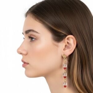 Handmade Red Crystal Drop Earrings Gold Tone Floral Hooks